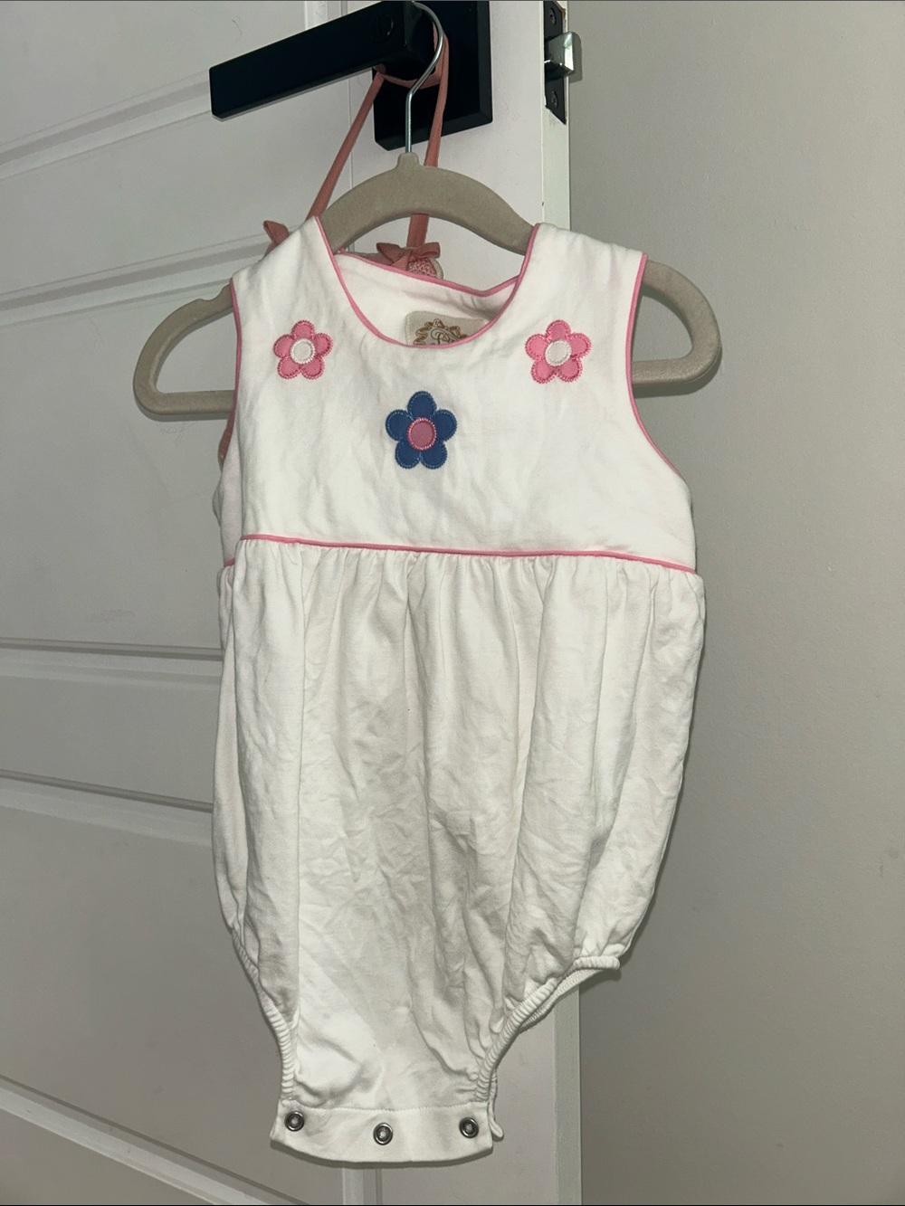 White Baby Bubble Romper with Pink & Blue Flower Appliqués
